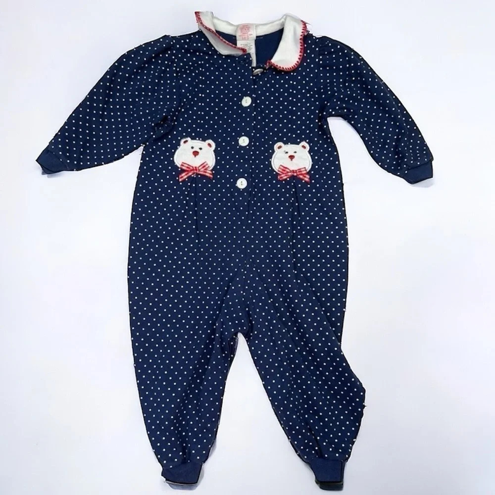 Buster Brown Vintage Blue and White Polka Dot Long Sleeve One Piece Outfit